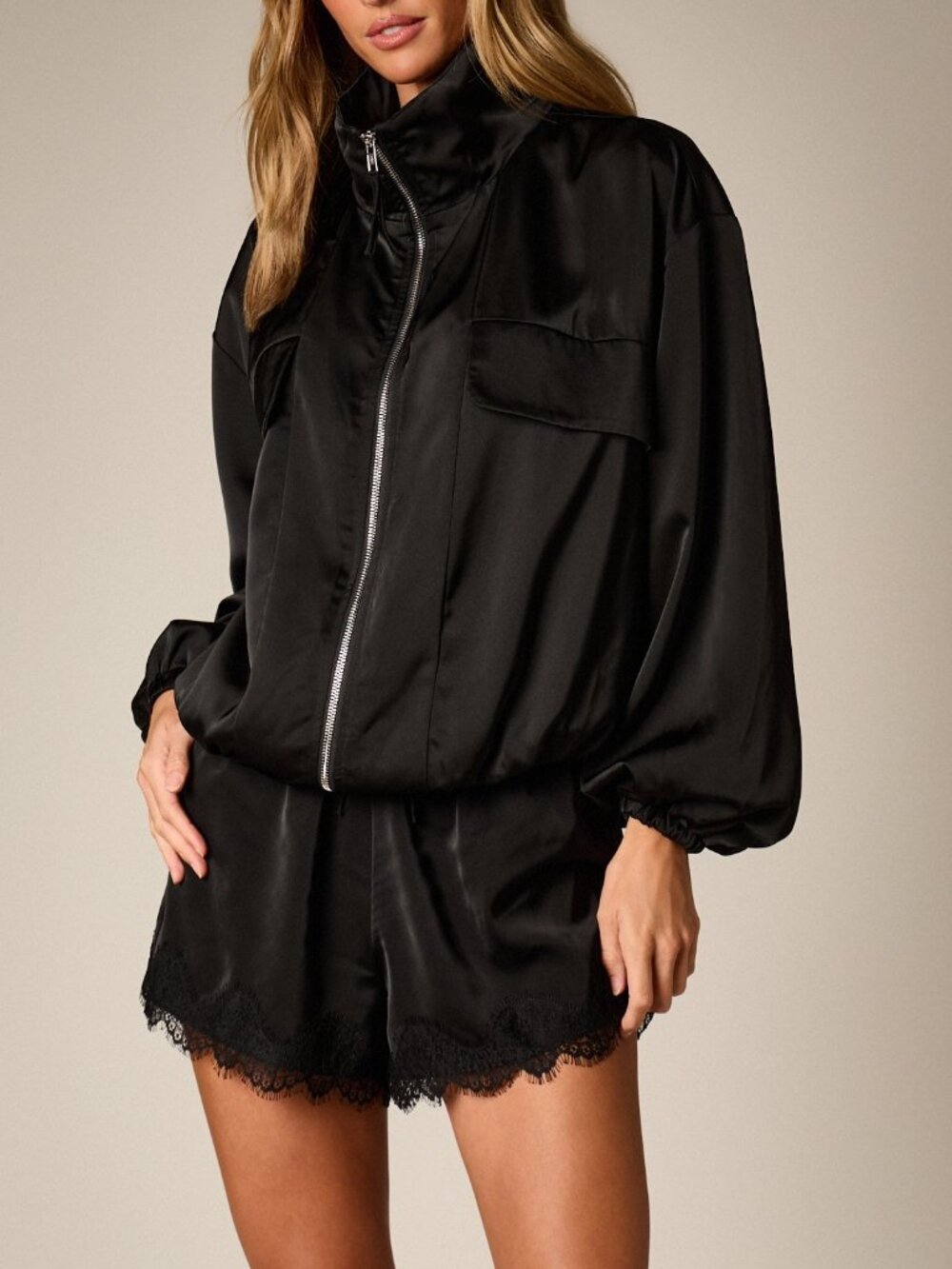 Black Casual Women's Oversized Bomber Jacket With Stand Collar